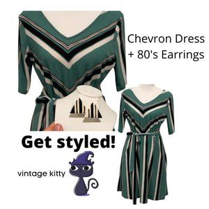 Mod Inspired chevron print dress AND RETRO 80's triangle earrings